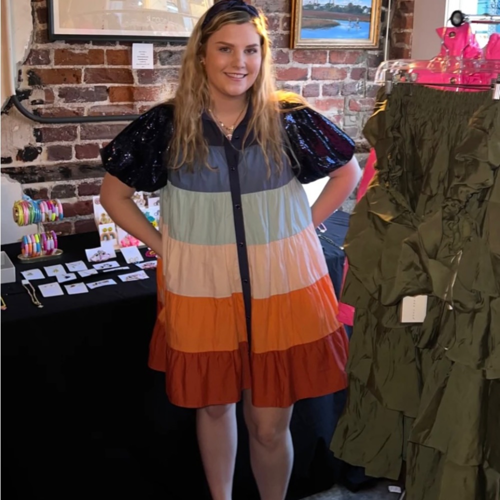 Queen Of Sparkles NAVY MULTI TIERED SEQUIN SLEEVE DRESS